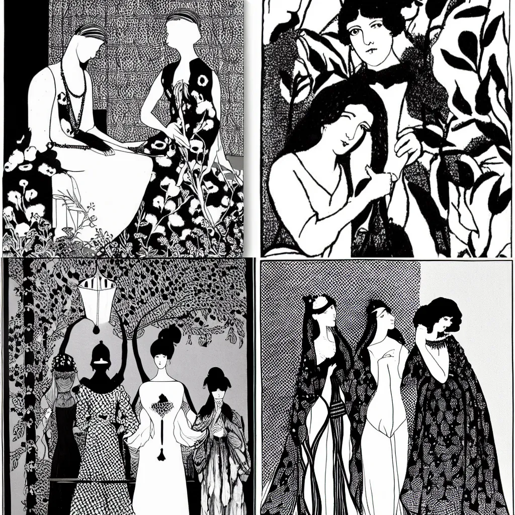 Prompt: friends , illustration by aubrey beardsley