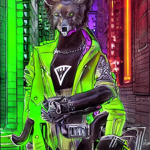 Image similar to beautiful commission digital art portrait commission of an androgynous furry anthro wolf wearing punk clothes in the streets of a cyberpunk city. neon signs. made by zaush, rick griffin, tessgarman, angiewolf, miles df, smileeeeeee, ethrk, fa, furraffinity