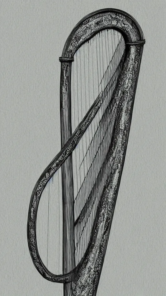 Prompt: a harp with strings made of thick vines, fantasy art, art station, grey background,