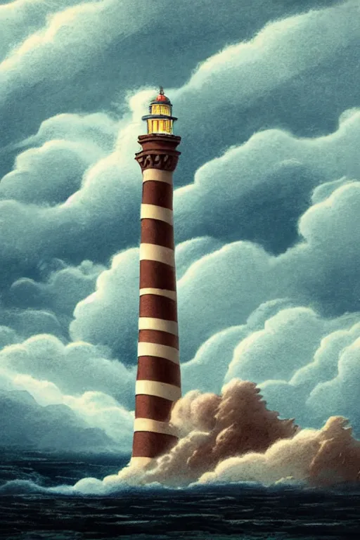Prompt: detailed exterior shot of stormy desecrated foul lighthouse of alexandria, light of hell, moonlight shafts, lightning storm, swirling clouds, stormy atmosphere, in style of studio ghibli, cinematic lighting