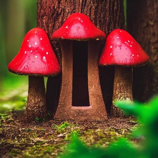 Prompt: Macro Photo of a giant glowing redcap mushroom house in a magical forest, with a door and windows