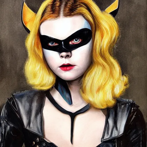 Image similar to a striking hyper real painting of Elle Fanning as batgirl, dark, metal, occult, by Edward Hughes