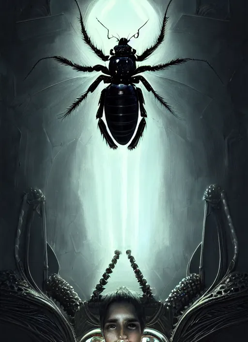 Image similar to portrait of a locust god, a gigantic black insect on a throne, intricate, elegant, glowing lights, highly detailed, digital painting, artstation, concept art, smooth, sharp focus, art by wlop, mars ravelo and greg rutkowski