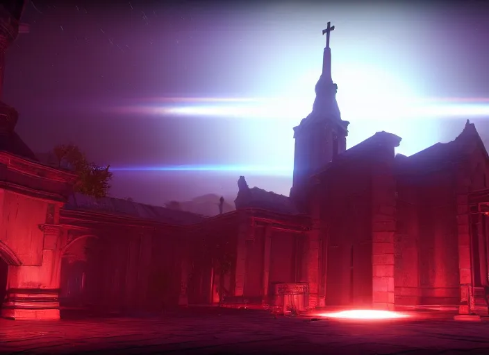 Prompt: ancient church with red shafts of light in destiny 2, foggy, liminal, dark, dystopian, beautiful architecture, abandoned, highly detailed 4 k 6 0 fps in - game destiny 2 gameplay screenshot leak