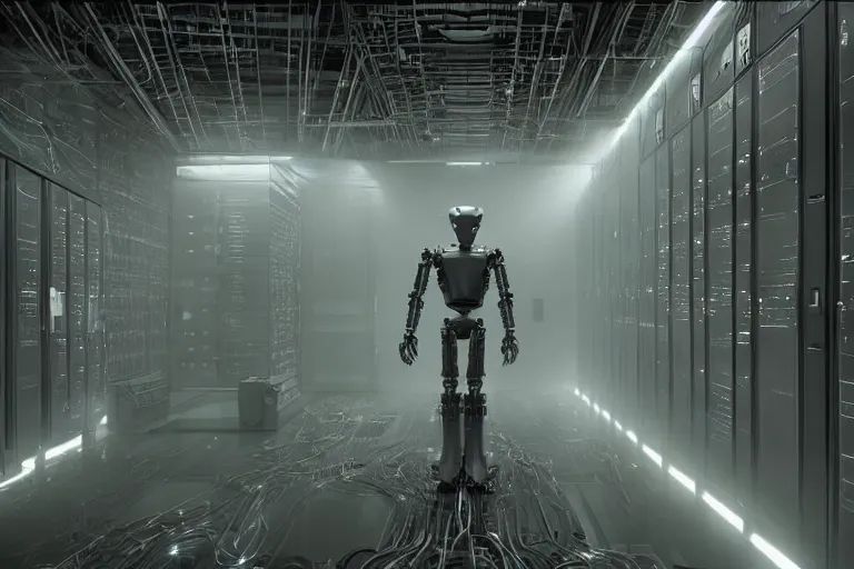 Image similar to extremely detailed cinematic movie still 3 0 7 7 foggy shot of a robot in an endless data centre by denis villeneuve, wayne barlowe, simon birch, philippe druillet, beeple, volumetric sunlight from small windows