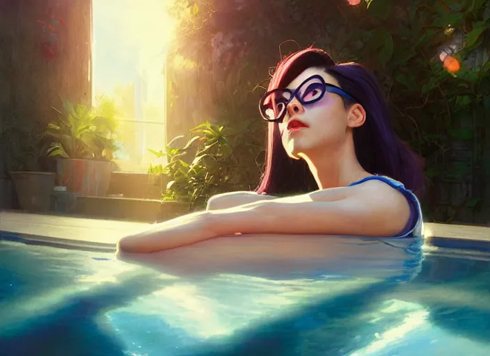 Image similar to closeup portrait of widowmaker relaxing in jeans and a t - shirt on a floating pool chair, sunny, bright, reflections, intricate, sharp focus, lens flare, bloom, illustration, highly detailed, digital painting, concept art, matte, art by ruan jia and wlop and greg rutkowski, masterpiece