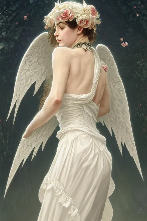 Image similar to angel dressed in a victorian roses white dress fashion, D&D, fantasy, intricate, elegant, highly detailed, digital painting, artstation, concept art, matte, sharp focus, illustration, art by Artgerm and Greg Rutkowski and Alphonse Mucha