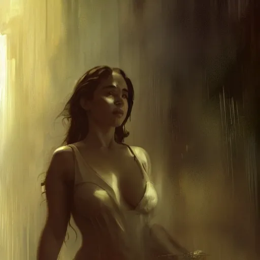 Image similar to emilia clarke, hyperrealistic full figure, bladerunner street alley, art of elysium by frank frazetta and by jeremy mann and by alphonse mucha, fantasy art, photo realistic, dynamic lighting, artstation, full figure poster, volumetric lighting, very detailed face, 4 k, award winning