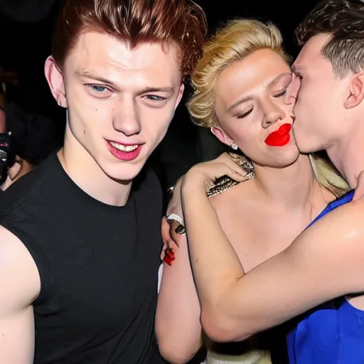 Prompt: scarlett johansson kisses tom holland on the cheek