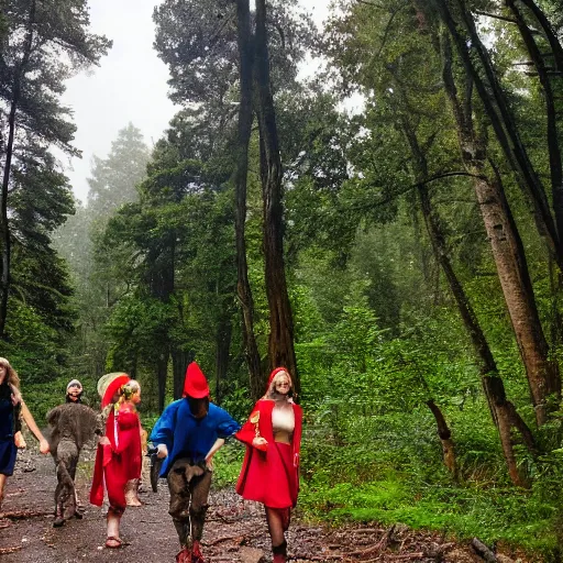 Prompt: A group of friends in costumes walking in the forest looking for mushrooms while a thunderstorm is brewing in the background