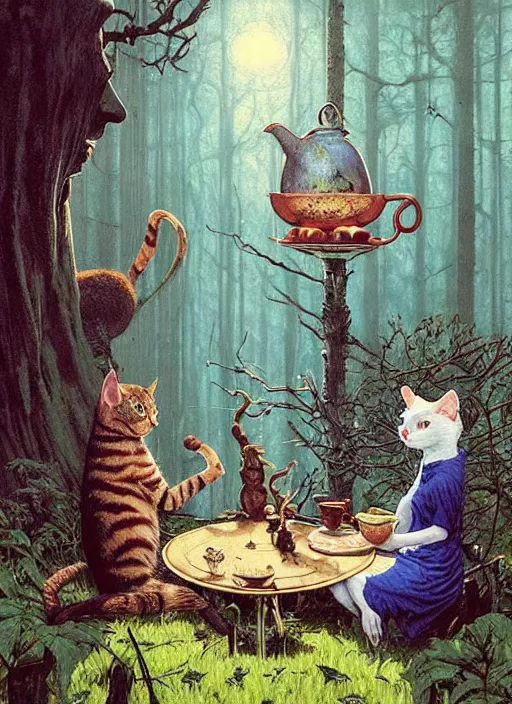 Image similar to cat having tea with a witch at a shrine in the woods gorgeous lighting, lush forest foliage blue sky a hyper realistic painting by chiara bautista and beksinski and norman rockwell and greg rutkowski weta studio, and lucasfilm