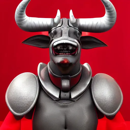 Image similar to hyper realistic knight with bull horns coming out of eye sockets, red, artstation, 8 k render, octane, fueled by caffeine : : tim burton