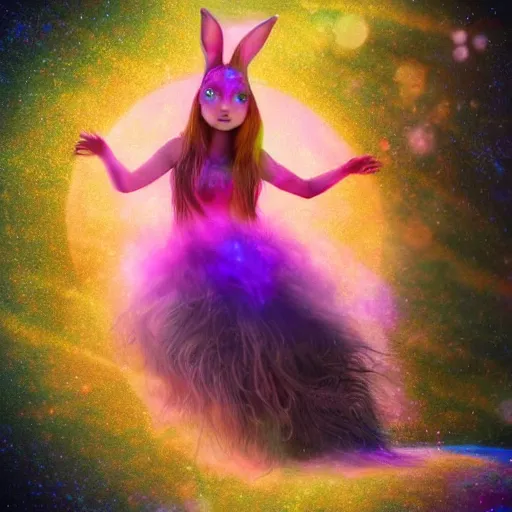 Prompt: 'a painted soul that is imagining becoming a iridescent hare as imagined by a iridescent mega hare as a cute and pretty mentally insane girl looks behind the oblique round fishbowl' 'pretty and cute teen girl with mental insanity creates an image of a psychic iridescent hare.' 3D render at 16K resolution. epically surreally epic image. rendering amazing detail. vivid clarity. ultra shadowing. mind-blowing quality.