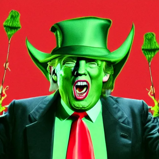 Prompt: trump in the style of wicked witch of the west with green skin, high quality movie still