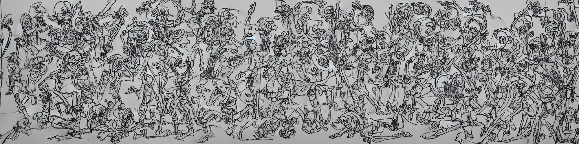 Image similar to a highly detailed line drawing of smurfs dance and long bones