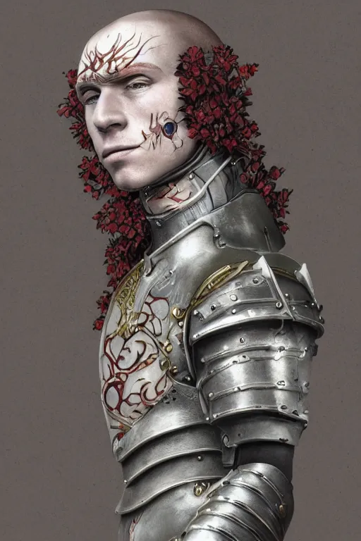 Prompt: portrait of beautiful young man, warhammer, japaneese style, more cyber armor, a lot of more scars, more and more flowers, red head, the middle ages, highly detailed, artstation, illustration, art by rene magritte, 8 k quality