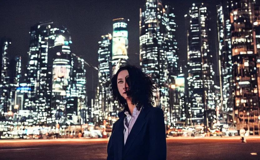 Prompt: a wide shot of a woman with a wool suit, blurred face, wearing an omega speedmaster on her wrist in front of a crowded dystopian city at night with cyberpunk lights