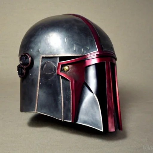 Prompt: a steampunk mandalorian helmet