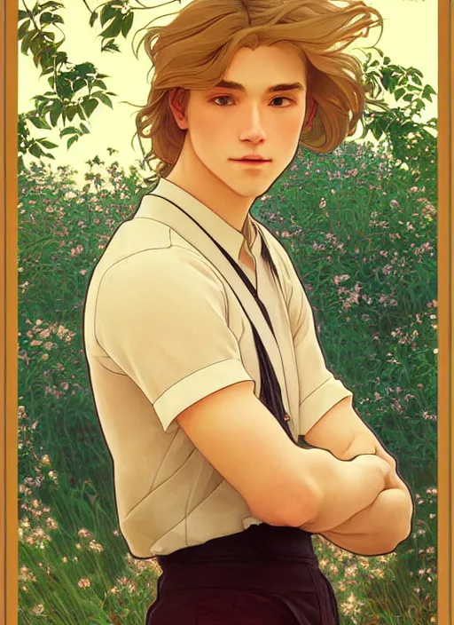 Image similar to pretty young man with shoulder length shiny shimmering golden blond hair, path traced, highly detailed, high quality, digital painting, by studio ghibli and alphonse mucha, leesha hannigan, disney