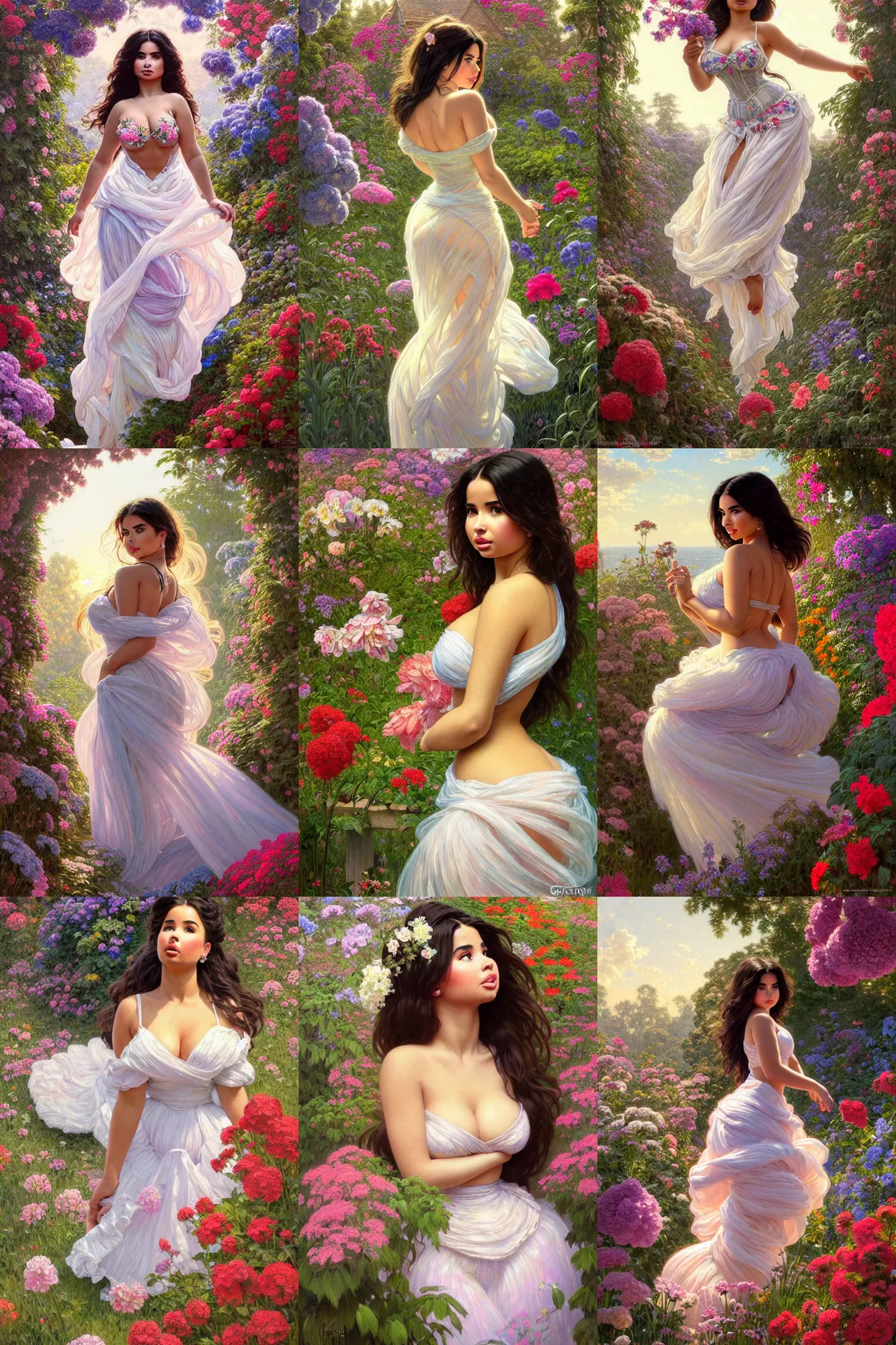 Prompt: clear portrait of demi rose, attractive, women, cottagecore, background hyper detailed flower garden, character concept, full body, dynamic pose, flowing gown, glowing lights!!, intricate, elegant, highly detailed, digital painting, artstation, smooth, lit from above, art by norman rockwell, greg rutkowski and alphonse mucha and laocoon