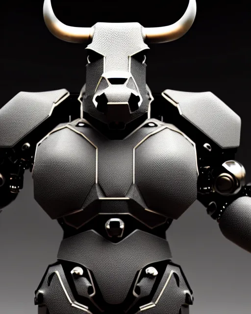 Image similar to a full body shot of an imposing cyborg bull modeled after a bull looking into the camera, contrast lighting, black skin!!!, intricate pattern, hard rubber chest, highly detailed, android, cyborg, full body shot, intricate, 3 d, symmetrical, octane render, fantasy, highly detailed, digital art, artstation, strong bokeh, black face