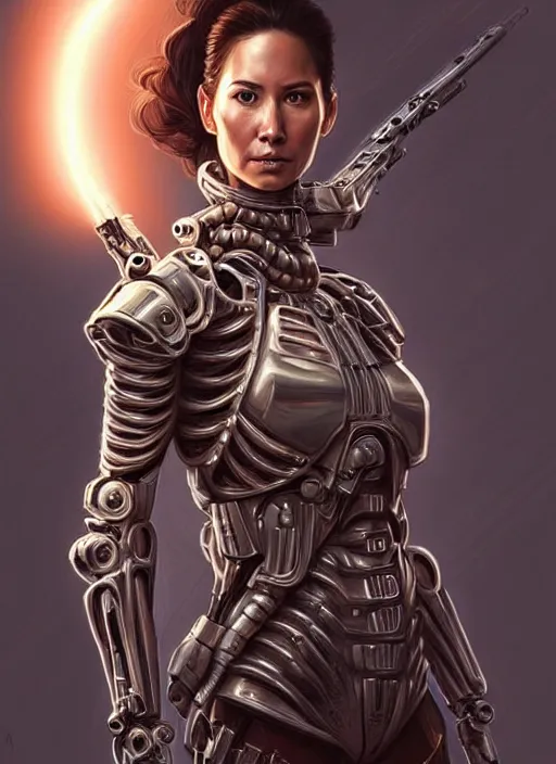 Prompt: portrait of a beautiful female soldier from the future wearing biomechanical armor, olivia munn, carrying a rifle, intricate, elegant, glowing lights in armor, highly detailed, digital painting, artstation, glamor pose, concept art, smooth, sharp focus, illustration, epic angle, art by artgerm and greg rutkowski, artey freytag, alvin schwartz