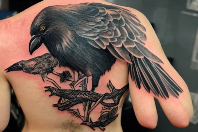 Image similar to highly detailed tattoo of a crow man