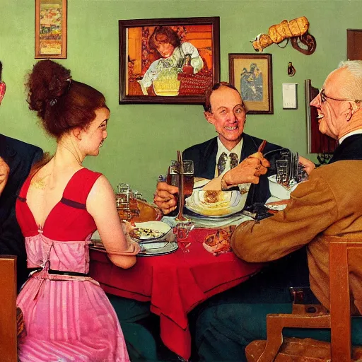 Image similar to happy polyamorous family of two men and two women around the breakfast table. flamingo wallpaper behind them by norman rockwell and larry flynt, high color, detailed,