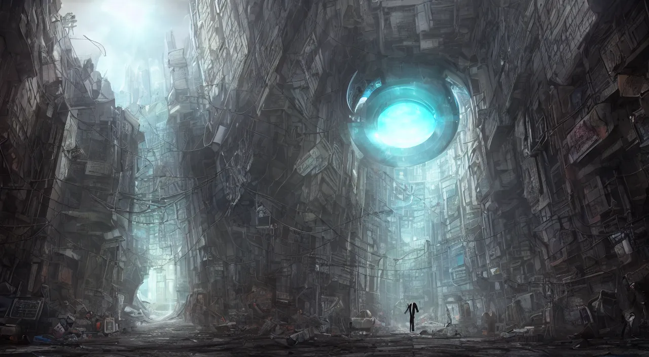 Prompt: Portal to another dimension in a dystopian city looking for trouble