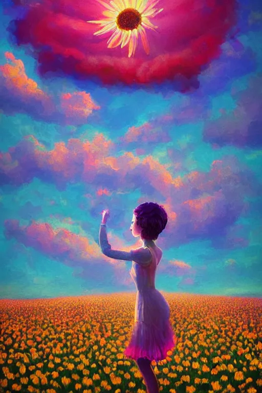 Image similar to giant daisy flower as head, girl dancing in a flower field, surreal photography, sunrise, dramatic light, impressionist painting, colorful clouds, digital painting, artstation, simon stalenhag