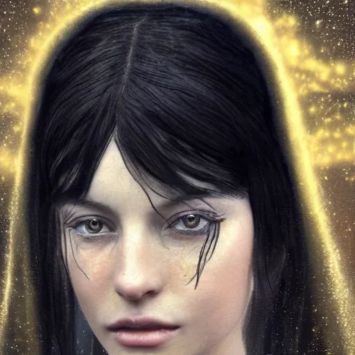 Image similar to Masterpiece! portrait of Arwen, an aesthetic beautiful! realistic black haired priestess, face close up, 30 years old woman, looks like young Liv Tyler, lotr , praying, with tears, soft cinematic light, digital painting by WLOP, atmospheric effects, fireflies, 8K, octane render, artstation, deviantart, closer view, dark purple blue tones