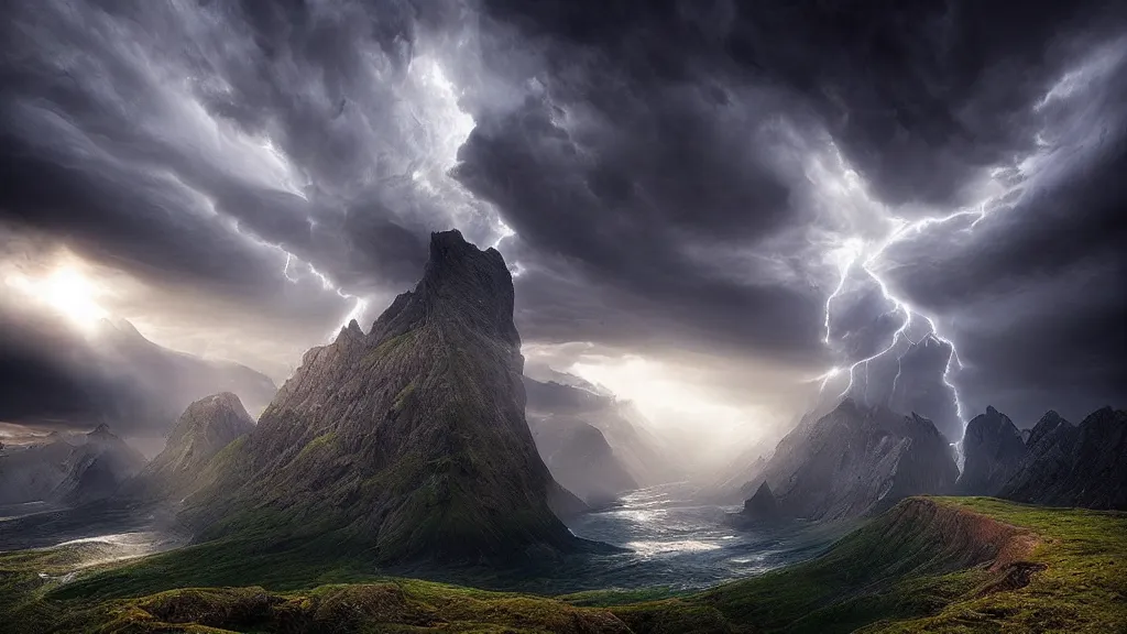Prompt: amazing landscape photo ofmythological angry odin by marc adamus, beautiful dramatic lighting