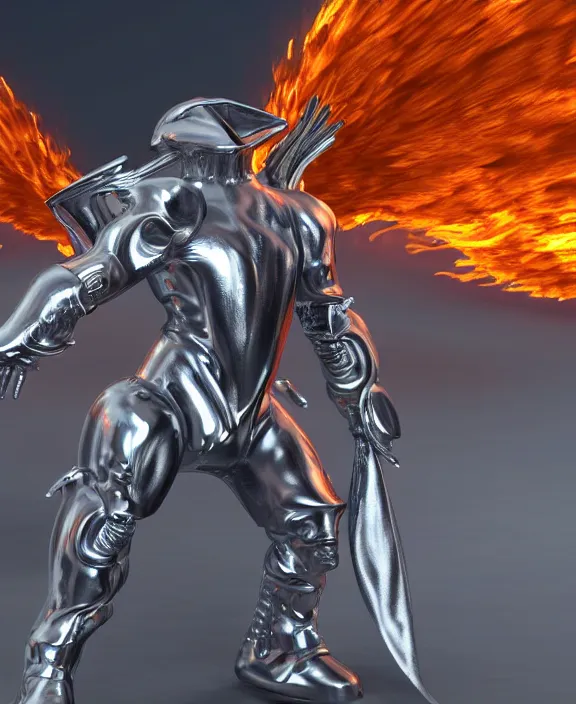 Image similar to stunning concept art of a fiery angel in a silver futuristic battle suit, 4 k resolution, unreal engine render