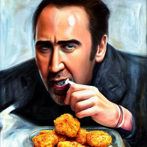 Prompt: nicholas cage eating chicken nuggets. hyperdetailed photorealism