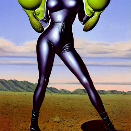Image similar to beautiful Whitley Streiber Roswell grey alien extraterrestrial species female babe in a tight fitting silver metallic bikini spacesuit, , big pear-shaped head, green skinned, big black almond shaped alien eyes by Mort Kunstler and Gil Elvgren