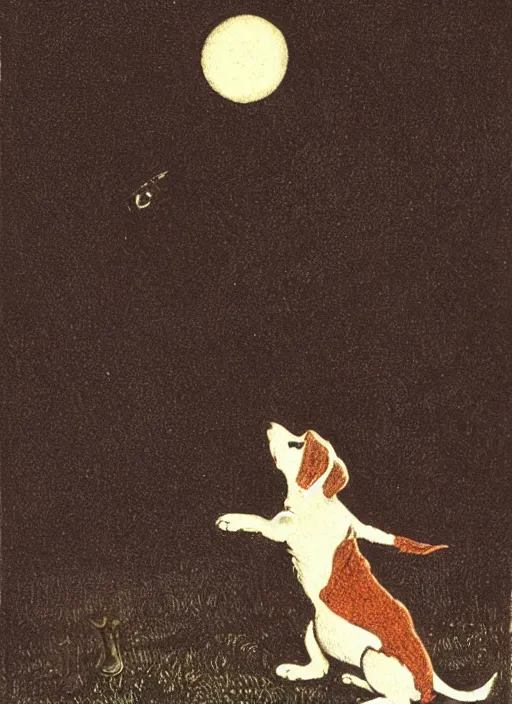 Image similar to jack russel dog silhouette howling at night, illustrated by peggy fortnum and beatrix potter and sir john tenniel