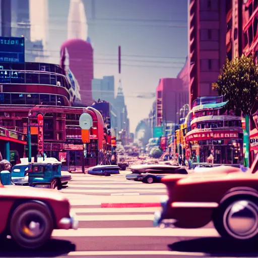 Prompt: street scene, retro futuristic vintage shiny polished traffic mainly cars and motorcycles, volumetric lighting, beautiful, day time, spring, sunny weather, sharp focus, highly detailed, photorealistic, 4 0 0 0 k, f 1. 4, cgsociety