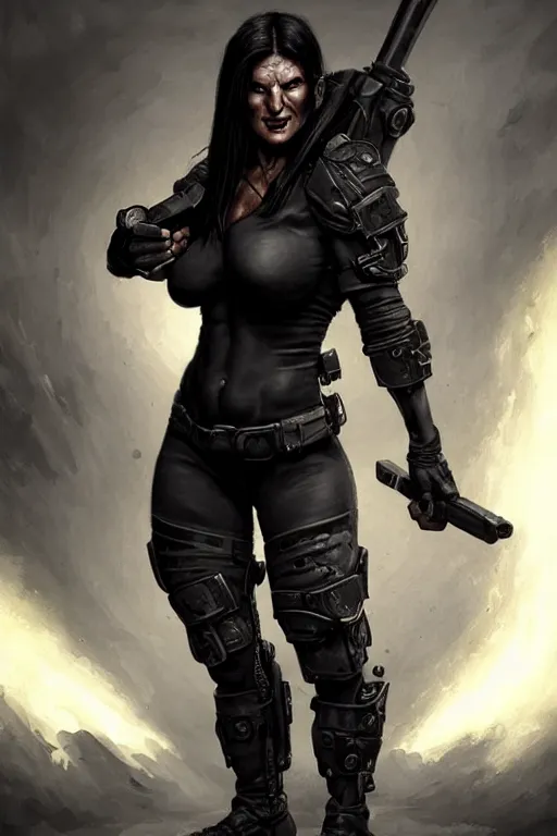 Prompt: gina carano as an ork with prothesis metallic left arm, casual black clothing, muscular, realistic proportions, casual pose, large portrait, sci - fi, shadowrun, rpg character, gun, digital painting, artstation, concept art, smooth, 8 k frostbite 3 engine, ultra detailed, art by artgerm and greg rutkowski and magali villeneuve