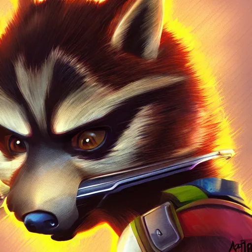 Prompt: rocket raccoon from guardians of the galaxy, portrait, digital painting, artstation
