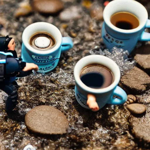 Prompt: tilt-shift photography of a group of scuba divers inside of a coffee mug, 8k, highly detailed, realistic