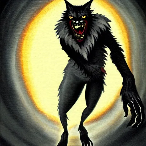 Image similar to a werewolf, illustration, oil paint, thriller atmosphere