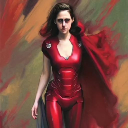 Prompt: alison brie as kristen stewart playing the scarlet witch wearing the iron man armor, intricate, elegant, highly detailed, greg manchess, mucha, liepke, ruan jia, jeffrey catherine jones, ridley scott