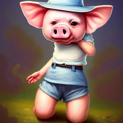 Image similar to cute little anthropomorphic funny female pig wearing shorts, a sunhat, boots and a pale blue shirt!! tiny!! fully clothed!!! small, short, cute and adorable, character art portrait, matte fantasy painting, deviantart artstation, by jason felix by steve argyle by tyler jacobson by peter mohrbacher, cinema