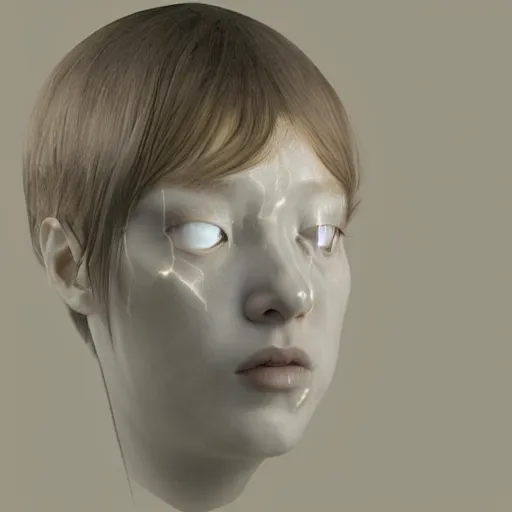 Prompt: a white marble kintsugi mannequin's head in a dark room, directed gaze, a computer rendering by hsiao - ron cheng, zbrush central, neo - figurative, volumetric lighting, physically based rendering, zbrush