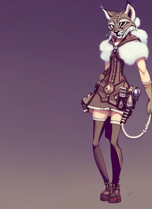 Image similar to wide angle beautiful full body portrait of a strong female anthropomorphic anthro lynx fursona wearing a steampunk dress. from behind, character design by disney, anime, manga, charlie bowater, ross tran, artgerm, and makoto shinkai, detailed, soft lighting, rendered in octane, white fur