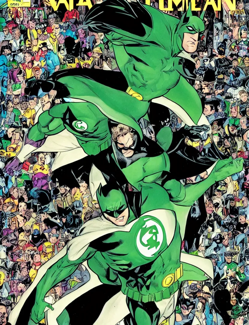 Image similar to a Batman comic cover from 1999 with Green Lantern on the background
