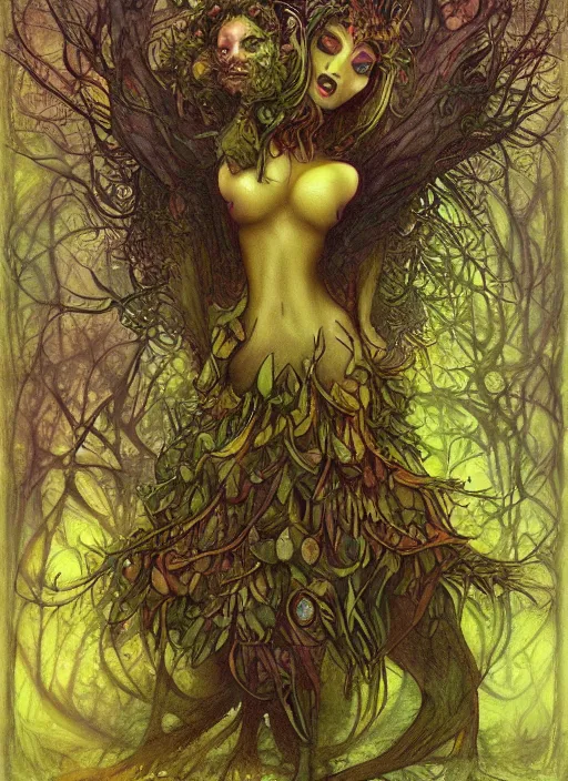 Prompt: junoesque curvaceous fey queen, vine dress, glowing forest, strong line, eerie color, beautiful! coherent! by brian froud, by mariusz lewandowski