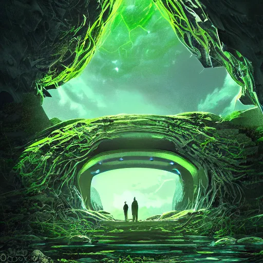 Image similar to a scary glowing green scifi portal to another world in darwin's arch in the galapagos islands, ocean and rock landscape, science fiction, intricate, elegant, highly detailed, digital painting, artstation, concept art, matte, sharp focus, illustration, in an anime style