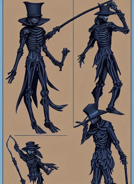 Image similar to DND character art, skeletal male figure, wearing a deep black suit!!! and tie and top hat, holding a gold! cane!, blue flames in background, blue flames