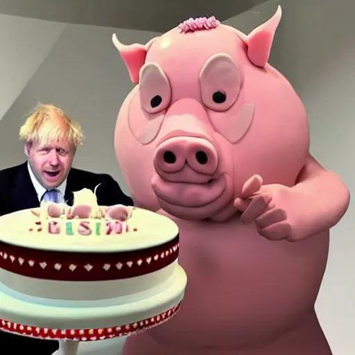 Image similar to pig man boris johnson attacking a cake